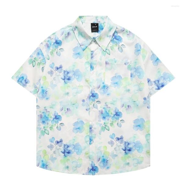 Herren lässige Hemden Männer Retro Hawaiian Beach Harajuku Blau und Weiß Blumen Print Hemd Streetwear Hip Hop Sommer Unisex Aloha Button Top