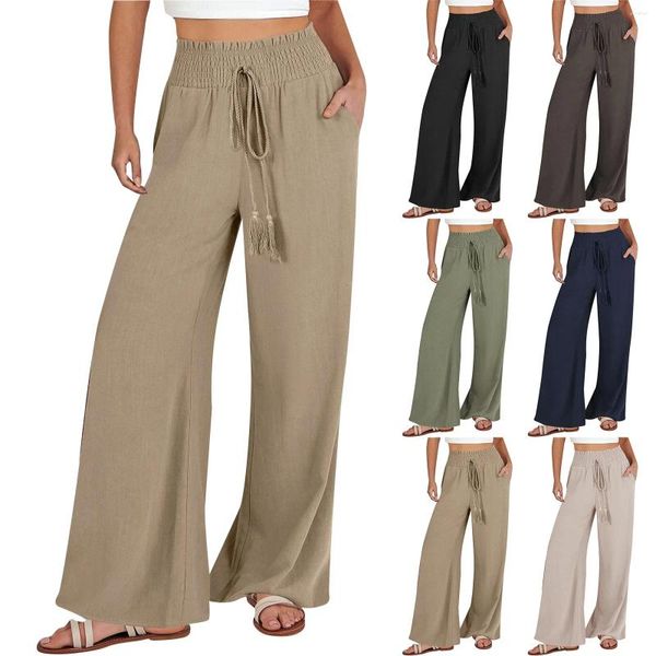 Frauenhose Sommerwäsche für Frauen mit hoher Taille Vintage Suits Hosen Draw String Strecke Feste Farben Palazzo weites Bein