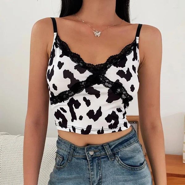 Tank da donna Stampa di mucca in pizzo sexy y2k abiti estivi per donne a v-scollo a v-torta camiciole camisole camiste streetwear bianca giapponese