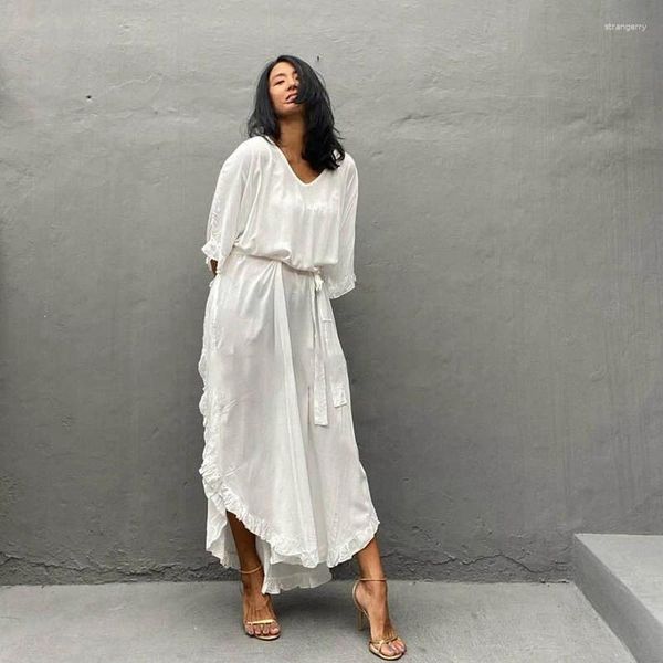 Partykleider Romantik Ruffen Saum weißes Kleid anmutiger Simiser Kaftan Breezy Flowy Loungewear Womenrobe Holiday Blanco Vestido Beach