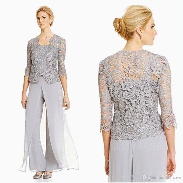 Elegante Silver Mother of the Bride Pant Sumps Abiti da sposo taglie forti per feste in chiffon pantaloni in pizzo all'aperto ospite di nozze wit 265x