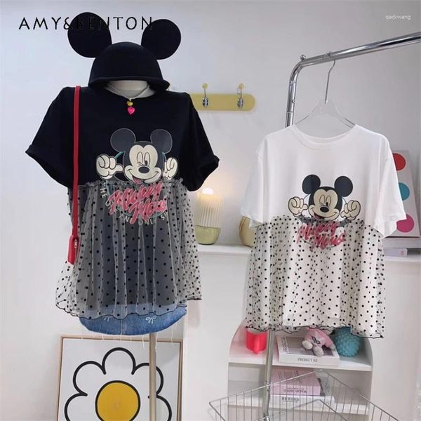 Camisetas femininas Potdemiel Korea Style T-shirts 2024 Verão Design Sweet Sense Fashion Dot Mesh Costura Cartoon Impresso Tees de mangas curtas