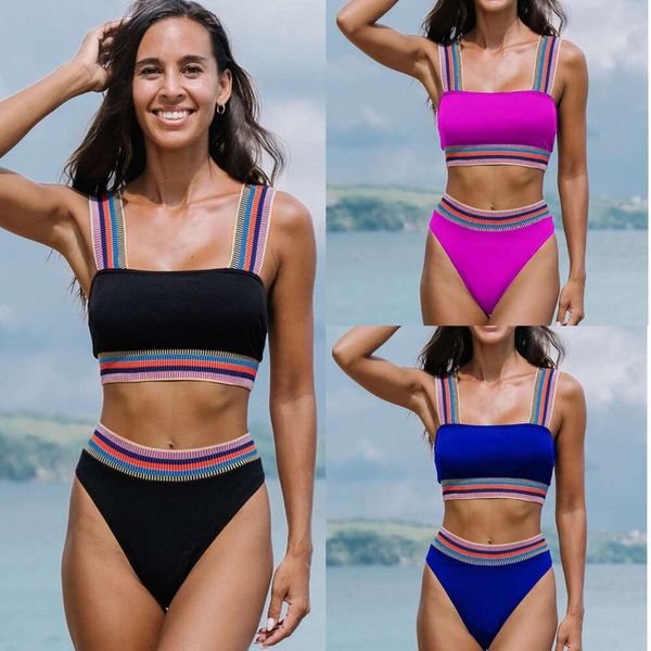 Menas de banho feminina 2023 Meninas femininas Biquíni sólida Biquíni de cor de duas peças High Seltics Strap Swimsuit