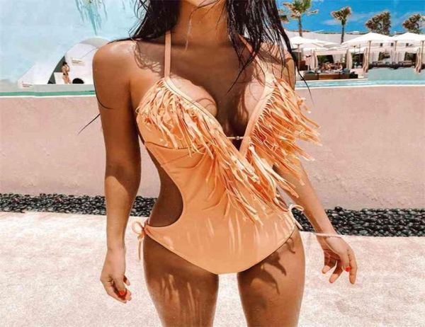 Merda profunda V Fringe de pescoço cortado Trikini Women Sexy Halter Backless Tassel Tassel Tasel Monokini 2107126890177