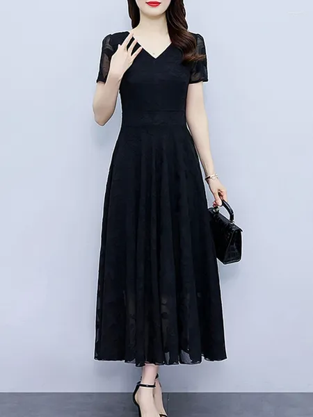 Vestidos de festa Moda coreana Long Black Dress Tunics Women Summer 2024 Casual elegante Chiffon Bodycon Midi para manga curta