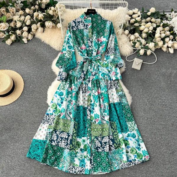 Vestidos casuais primavera verão verão stand colar de lanterna longa vestido de chiffon vestido feminino cinto de estampa de flor solta uma linha maxi vestidos