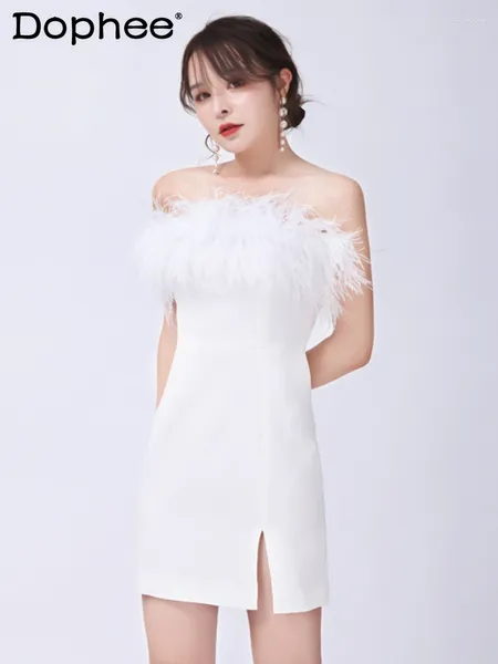 Vestidos casuais Fashion Feather costura elegante vestido preto sem costas para mulheres 2024 festa de aniversário de verão embrulhando fêmea branca