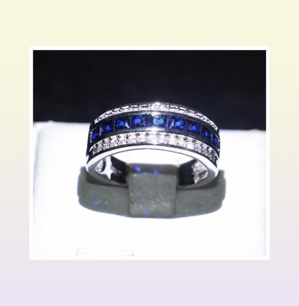 Exquisite Männer 10KT Weißgold gefüllte Marke Ring Blue Sapphire CZ Runde Kristallschmuck für Hochzeitsvergütung Geschenkgröße 812 4269785542138