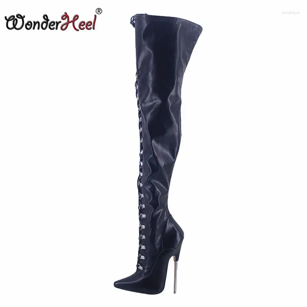 Botas Wonderheel Ultra High Heel Apro.18 cm Stiletto apontado em couro fosco de couro lacal sexy sexy sobre o joelho
