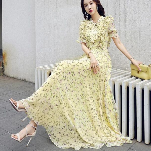 Parti Elbiseleri Kadınlar İçin Sarı Çiçek 2024 Koreli Sıradan Plaj Şifonu Resmi Maxi Zarif Yaz İnce Ruffles Gece Elbise Y2K