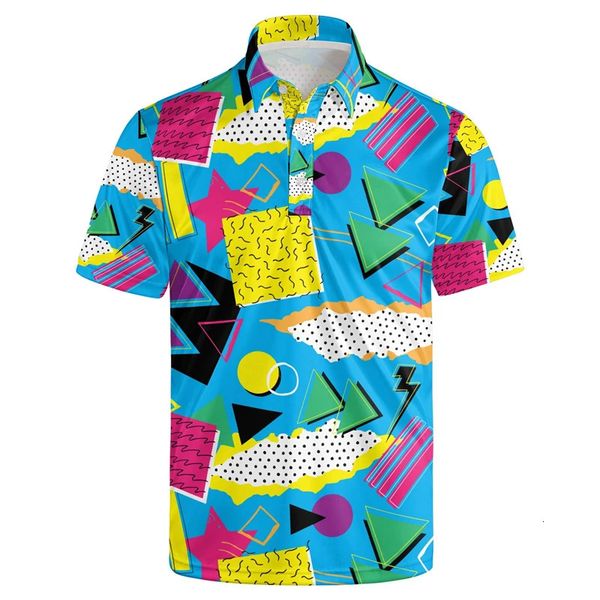 Clássico impressão 3d imprimir camisa polo havaiana homens funky retro 80s 90s camisa de festa de festa curta de manga curta Tees de rua y2k roupas 240510