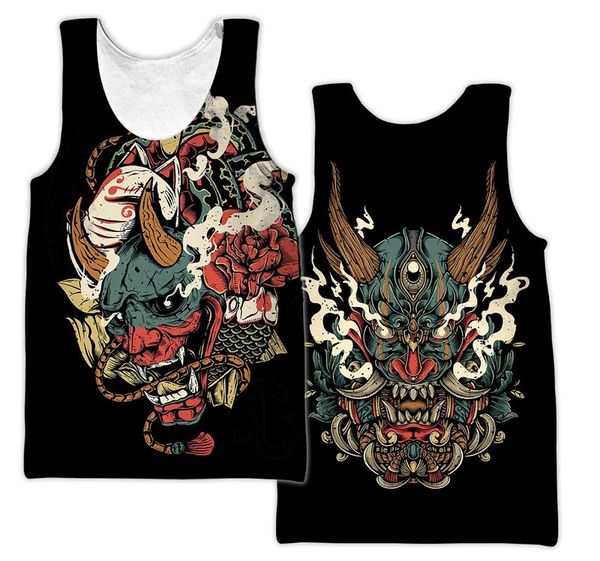 Samurai Oni Maske Dövme 3d Tüm Baskılı Erkekler Yelek Yaz Harajuku kolu tişört unisex rahat polyester tank üstleri 240429