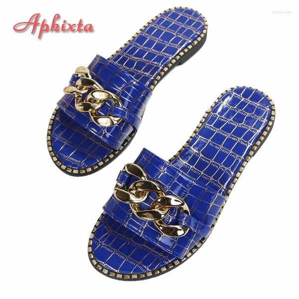 Pantofole Aphixta 2024 Summer Women Slides Gold Chain Tannello piatto Scarpe da esterno Flip Flip di punta Sandali Plus Taglia 42