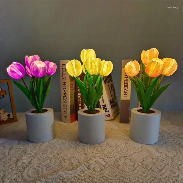 Lâmpadas de mesa Tulip Night Lamp Led Battery Energing Energing Home Decoração Bordado Ornamento Presente de Flor