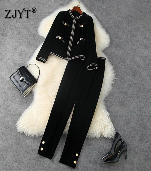 OEM Runway Fashion Autumn Winter Mulheres de duas peças de duas peças definidas fêmeas elegantes de manga longa Vintage Solid Black Velor Jacket and TRUSHS6637232