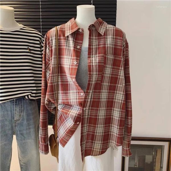 Blusas femininas de manga comprida Verifique a camisa de tamanho grande Top Women Women Soft Loose Casual Plaid Overshirt Tamanho grande dianteiro curto traseiro