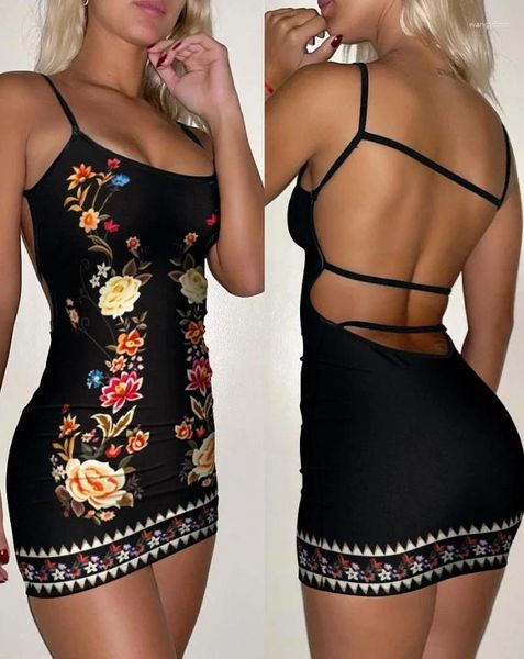 Vestidos casuais vestido de férias feminino 2024 primavera/verão mais recente moda tribal estampa backless bodycon praia sem mangas saia curta