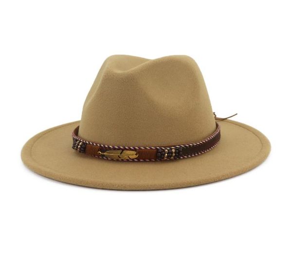 Moda Felt Hat Design Cool Style Style Leather Band Men Men Men Wide Brim Bowler Derby Jazz Fedora Hat Gambler Panamá H5974830