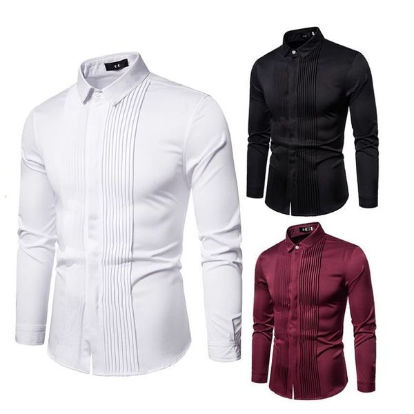 Männer Smoking Hemden Vorne Plissee Kleine Stehkragen Solide Langarm Bluse Männlich Gentleman Party Hochzeit Kleid Slim Fit TOPS 220322