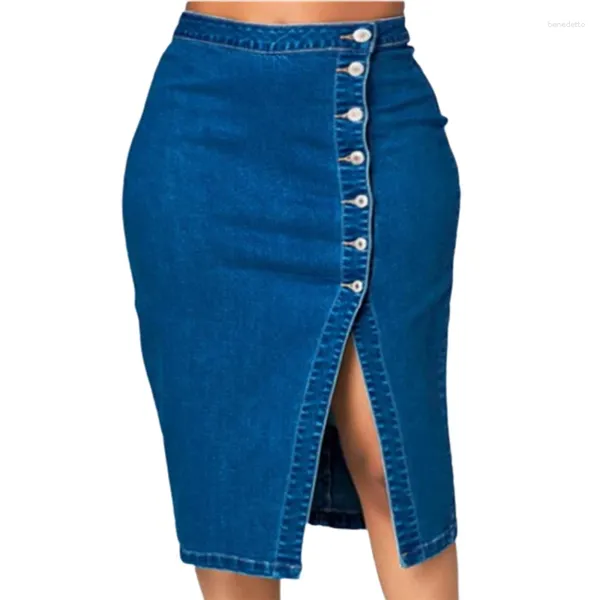 SAIRS Moda de peito único emedido com jeans aberta de jeans aberta saia de quadril feminino Blue escuro Diário comutora inteligente Vestidos de meio corpo