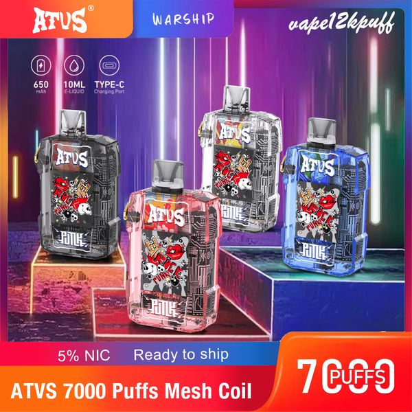 ATVS Warship7000 Puff Bar descartável Vape recarregável Bobina de malha 650mAh pré-preenchido 10ml Kit de cigarro e-cigarro destacável Puff7000 Caneta eletrônica de cigarro 20 sabores 5%