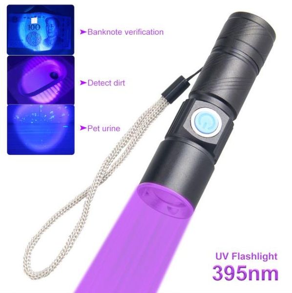 395nm 365nm UV lambası USB şarj edilebilir ultraviyole el feneri 3 mod Güçlü mini UV LED LED teleskopik zoom UV Işık