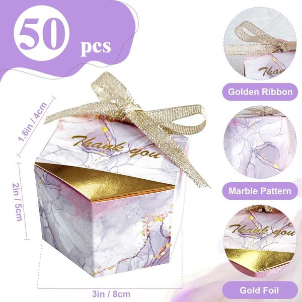 3pcs embrulhar festas de casamento caixas de favor caixas de casas de casamento Bolsas de chocolate hexagonal Caixas de presente com fitas roxas/douradas