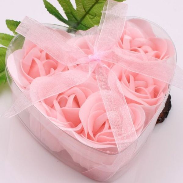 12 caixas 6pcs rosa decorativo rosa brota de sabão de sabão de sabão Favor de casamento na caixa em forma de coração 282x