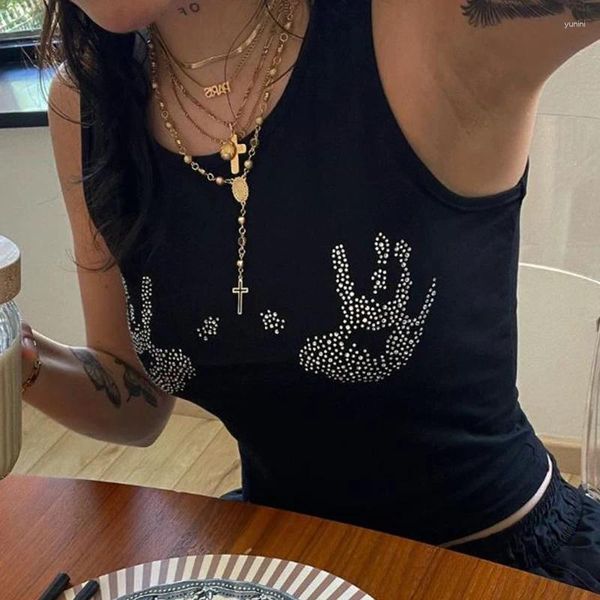 Frauen Tanks 2024 Y2k Kleidung Tanktop Frauen Punk Gothic Black Crop Tops Sexy Korsetts Strass Grunge Hip Hop Streetwear