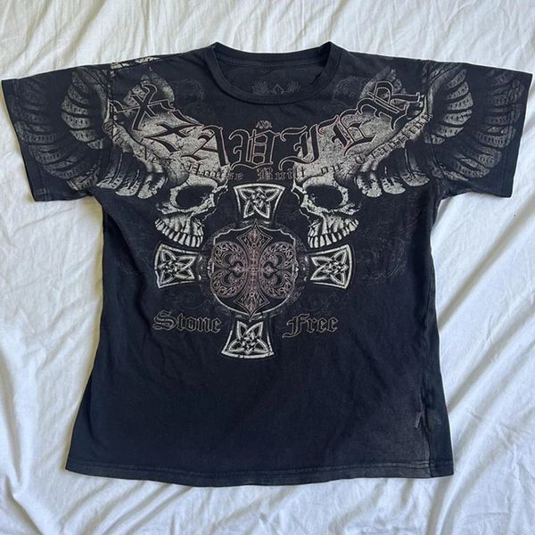 2000'lerin estetik alışveriş merkezi goth e-kız gotik t-shirt retro y2k grunge kafatası kanadı mahsul üstleri indie grafik baskı kısa kollu tee kadınlar 240510