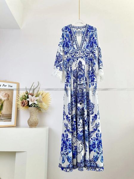 Vestidos casuais Mulheres v pescoço de cristal de cristal com manga de renda de renda de renda azul e branco impressão de porcelana maxi vestido de seda longa