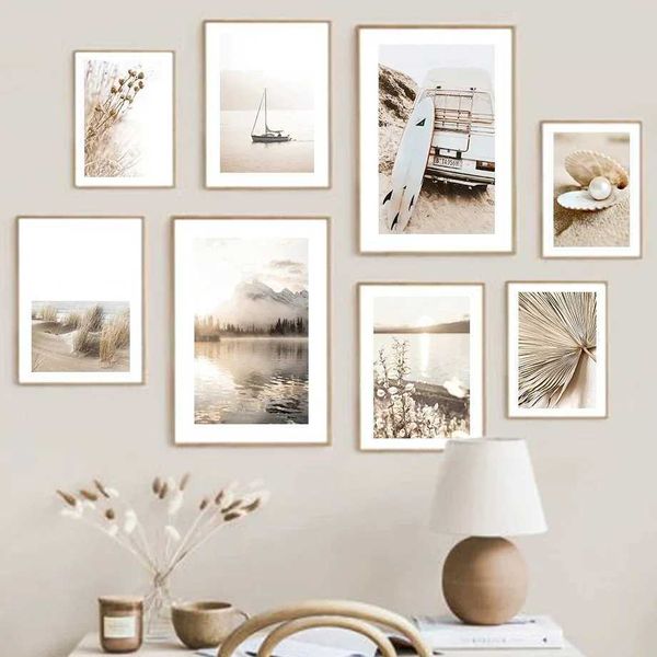 RS Nordic Landscape Sea Lake Reed Beach Boat Wall BEIGE ASSTIVIZZATO CANVAS PITTURA PIMAZIONE PROPRIETÀ PER IL SOGNO SOGGIORO DEI DECIVI