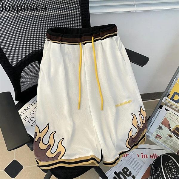 Short shorts masculinos American Flame Impresso Basquete High Street Ice Seda respirável Ponta de cinco pontos Casual Casual Male Sportswear