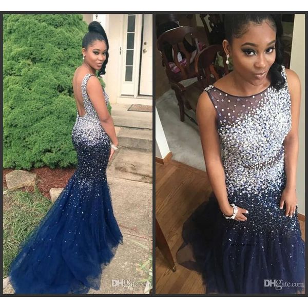 Sexy 2018 New Elegant Navy Blue Tulle Mermaid Long Prom Illusione Illuso Stones Lunghezza Formale Abiti da sera da sera MM14 0510