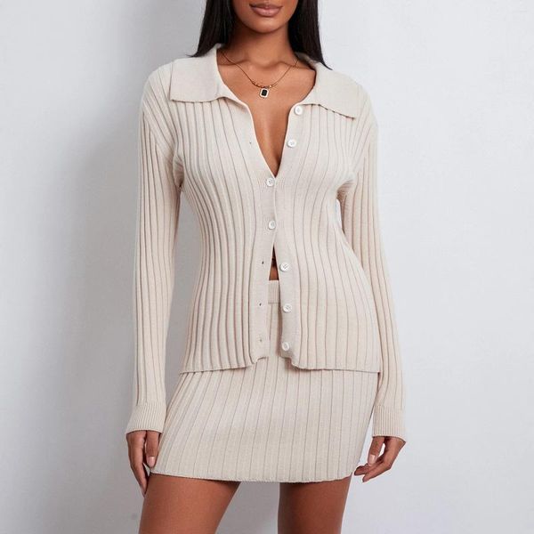 Arbeitskleider Frauen Mode-Strickrock Set Rippes Long Sleeve Button-Down-Hemd mit Mini Bodycon Fall Outfit