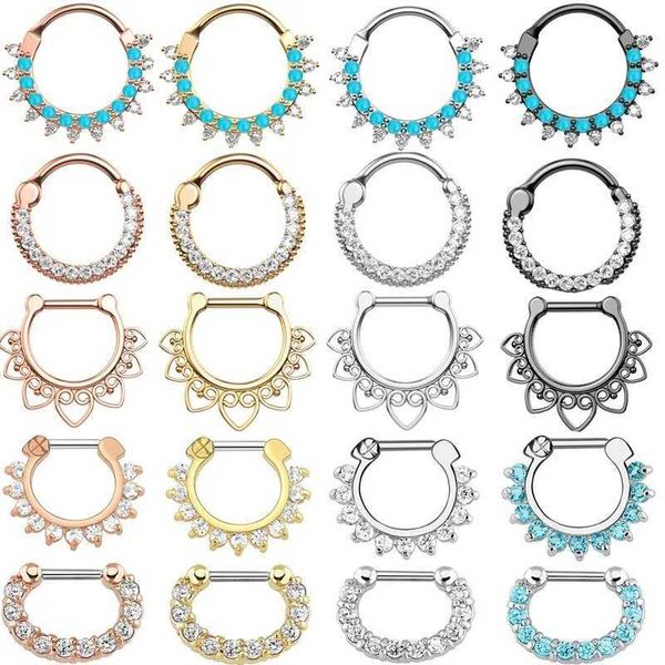 Anéis do mamilo 1/2 peça Crystal Septum Piercing Clicker 16G Anel de piercing de anel de aço inoxidável Anel de piercing septum clicker jóias daith Cartlage piercing y240510