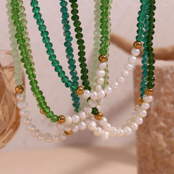 Colares pendentes elegantes elegantes aço inoxidável dez pérolas de água doce colar de corrente de miçangas artesanais para mulheres jóias