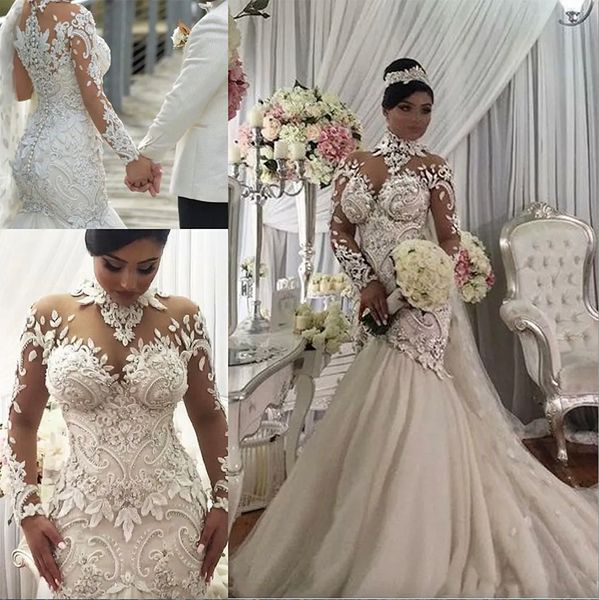 Azzaria Haute Plus size Illusione Mulaia lunga sirena abiti da sposa Nigeria High Cock Full Back Dubai Arabico Castello Abito da sposa abito da sposa