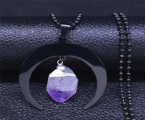 Collane a sospensione Witchcraft Divinazione Moon Purple Natural Crystal in acciaio inossidabile Collana Donne Nero Colore Gioielli Bijuteria N5814344