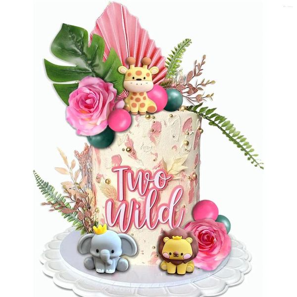 Forniture per feste 22 pezzi Safari Jungle Animal Cake Toppers Balls Decorazione Lasciare fiori artificiali forestali per il compleanno a tema