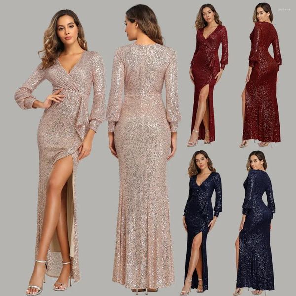 Vestidos casuais Mulheres V Pescoço dividido Bail de lantejoulas Evening Evening Formal GOWNS Bling Shiny Sexy Wedding Party Festa de Dama de Brides dama de honra longa Robe