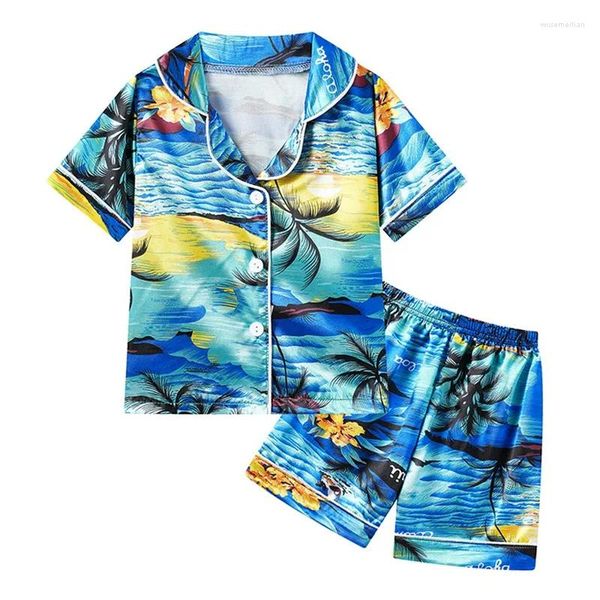 Kleidungsstücke Kinder Seiden Satin Pyjamas Set Baby Nachtwäsche Strandstil Print Pyjamas Anzüge Jungen Mädchen schlafen Sommerkinder Loungewege