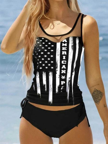 Kadın Mayo Amerikan Bayrağı Drawstring Mesh Ekleme Tankini Set Siyah Baskı Mayo Düşük Bel Mikro Bikini Mayo Takım