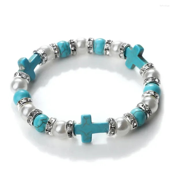 Strand Natural Stone Cross Bracelet Moda Blue Turqueises