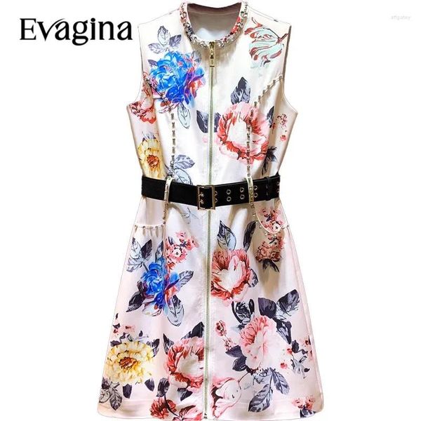 Lässige Kleider Evagina Fashion Print Diamant Inlay Belt Taille vorne Reißverschluss Mini Kleid 2024 Frühlings Sommer Frauen Kurzarm