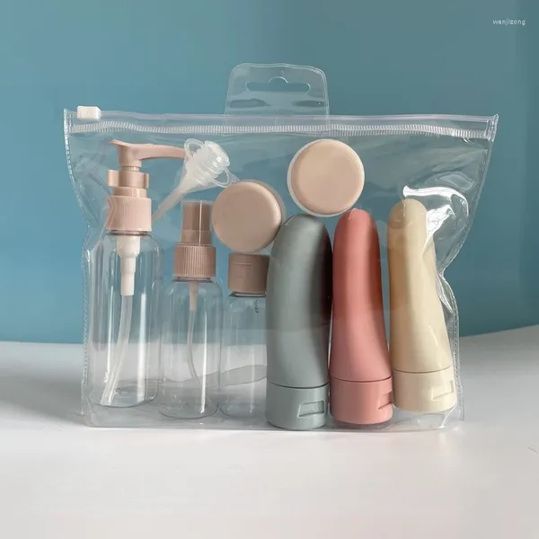 Bolsas de armazenamento bolsas de viagem conjuntos de garrafas plásticas cosméticas de garrafas de spray de toner de quatro loções que viajam garrafas de dispensador de luz