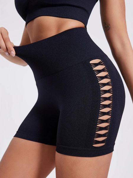 Shorts femininos tecidos de verão oco de verão ginástica magro alongamento preto sexy sem costura esportes