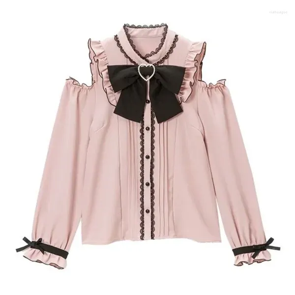 Frauenblusen Frühling Süß Harajuku Kawaii Lolita Bluse Frauen Spitze Bug lang Ärmel rosa formale Hemden Girly Vintage Japanes Tops Blusas