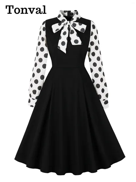 Vestidos casuais tonval polka ponto de manga longa vintage para mulheres mola gravagem arco pescoço 50s