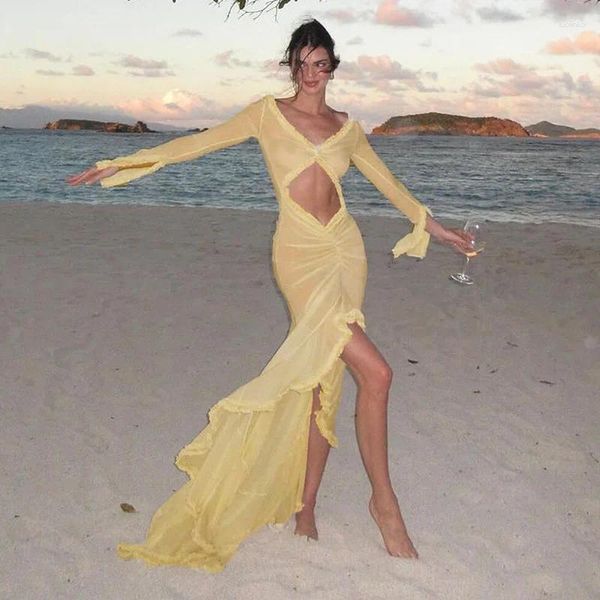 Vestidos casuais elegantes amarelo veja através de maxi para mulheres sexy oco esbelto vestido de verão ruched 2024 festa de manga longa